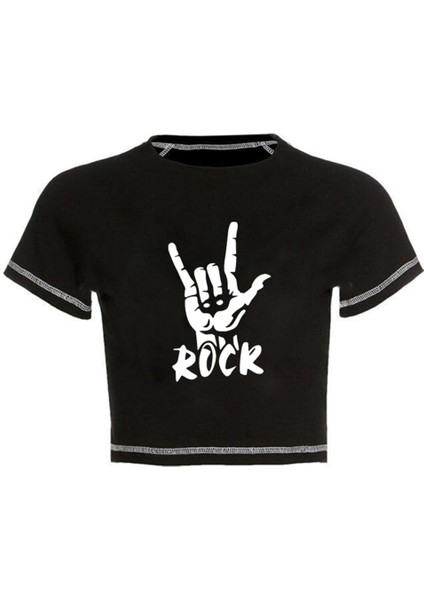 Rock Baskılı Ters Dikiş Siyah Crop fiyatları