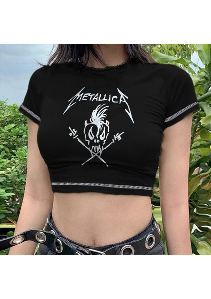 Metallica Skull Baskılı Ters Dikiş Siyah Crop