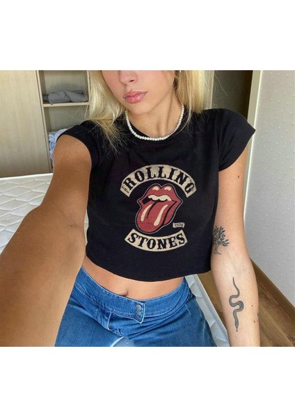 Rolling Stones Baskılı Siyah Crop