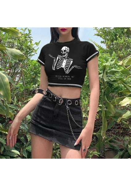 Confused Skull Baskılı Ters Dikiş Siyah Crop