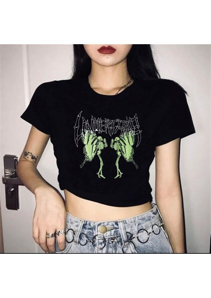 Harajuku Gothic Retro Butterfly Siyah Crop