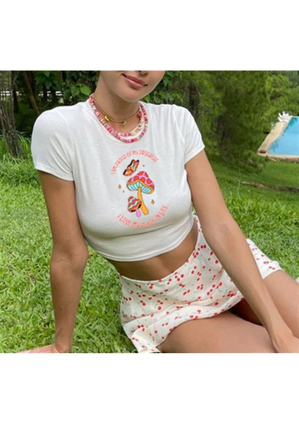 Butterfly & Mushrooms Baskılı Beyaz Crop