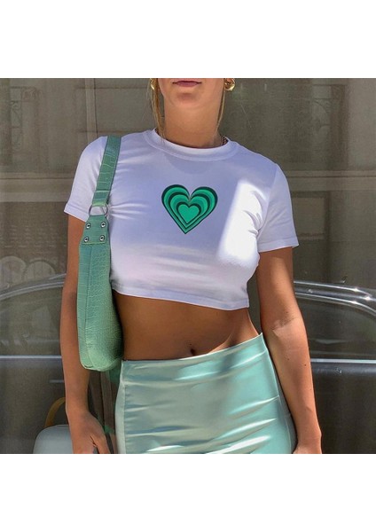 Vintage Green Heart Baskılı Beyaz Crop fiyatları