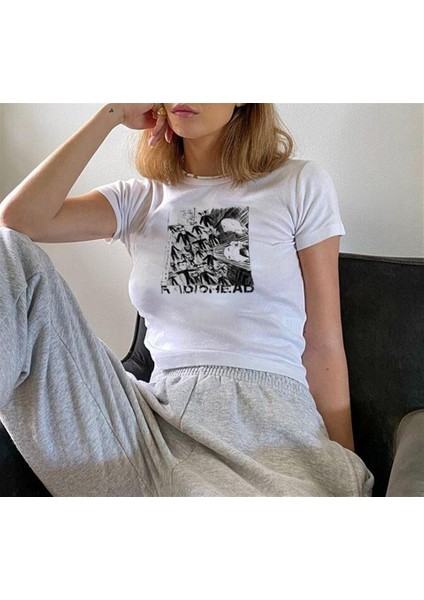 Radiohead Poster Baskılı Beyaz Crop