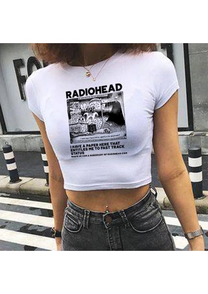 Radiohead Baskılı Beyaz Crop