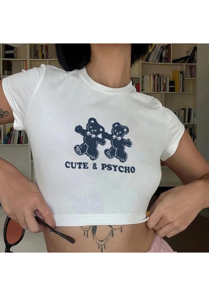 Cute & Psycho Bears Baskılı Beyaz Crop