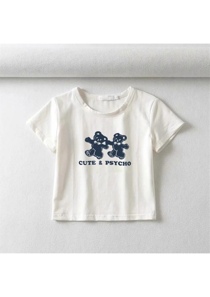 Cute & Psycho Bears Baskılı Beyaz Crop fiyatları