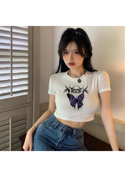 Gothic Purple Butterfly Baskılı Beyaz Crop