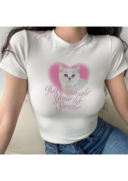 Pretty Cat & Heart Baskılı Beyaz Crop