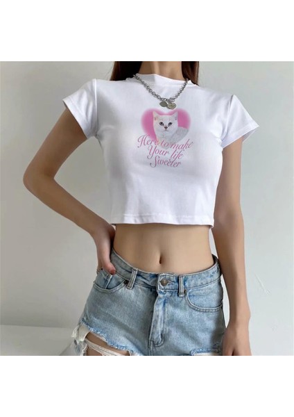Pretty Cat & Heart Baskılı Beyaz Crop modelleri
