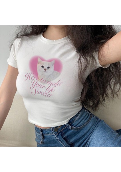 Pretty Cat & Heart Baskılı Beyaz Crop fırsatları