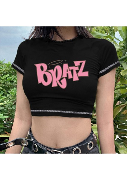 Bratz Baskılı Ters Dikiş Siyah Crop