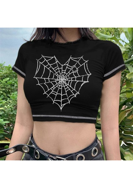 Heart Web Baskılı Ters Dikiş Siyah Crop