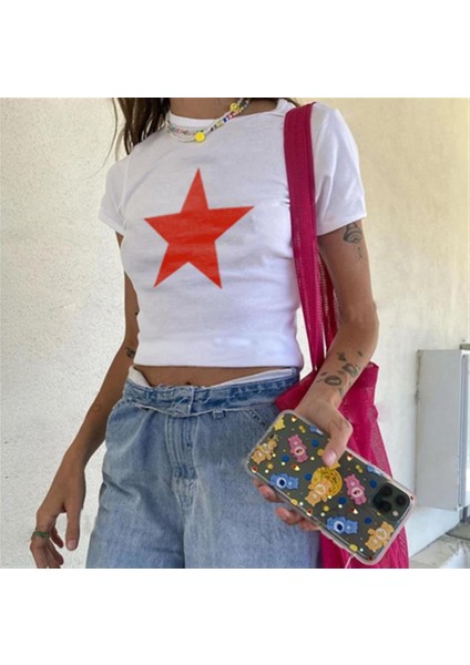 Red Star Baskılı Beyaz Crop