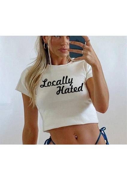 Locally Hated Baskılı Beyaz Crop