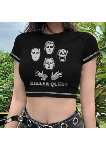 Killer Queen Baskılı Ters Dikiş Siyah Crop