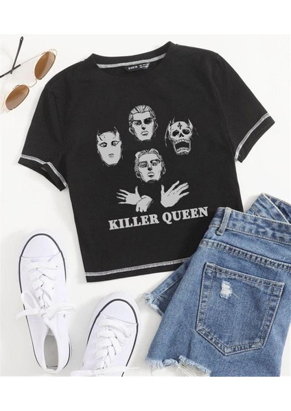 Killer Queen Baskılı Ters Dikiş Siyah Crop fiyatları