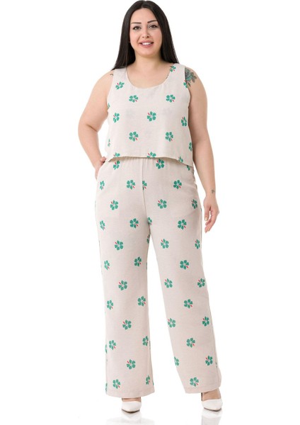 Büyük Beden Kalın Askılı Fermuarlı Beli Lastikli Yeşil Çiçekli Kadın Tulum