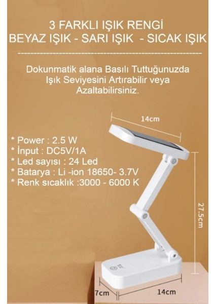 Katlanabilir Güneş Enerjili & Şarjlı Masa Lambası Çalışma Okuma Kamp Gece Lambası 3 Renk Işık