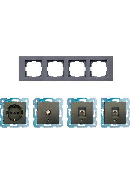 Ovivo Grano Füme Dörtlü - Tv - Nümeris (Telefon) - Data Cat 6 Internet- Topraklı Priz