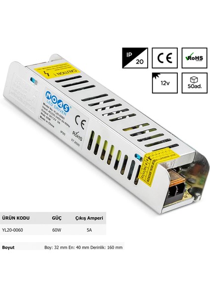 12V 5A Slım Kasa Led Trafo YL20-0060