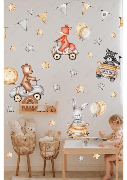 Arabada Sevimli Hayvanlar Çocuk Bebek Odası Sticker Seti