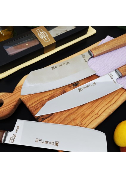 Castle Kitchen Elite Serisi 3'lü Mutfak Bıçak Seti Şef Bıçağı Et Ekmek Sebze Bıçağı (Kiritsuke-Santakubig-Nakiri)