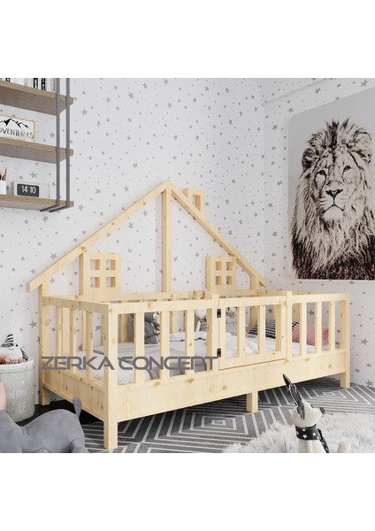 Pina Ithal Ladin Doğal Ahşap Çatılı Montessori Karyola 120 x 200 cm