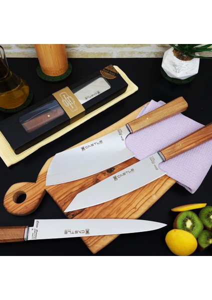 Castle Kitchen Elite Serisi 3'lü Mutfak Bıçak Seti Şef Bıçağı Et Ekmek Sebze Bıçağı (Kiritsuke-Santakubig-Gyotou)