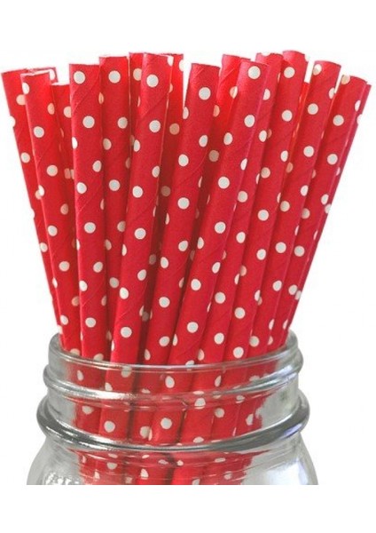 Beyaz Puantiyeli Kırmızı Karton Pipet 19,5x0,6 cm