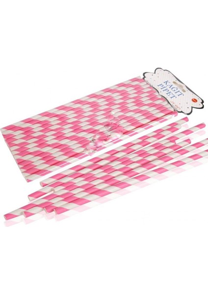 Pipet Kağıt Pembe-Beyaz Spiral Modeli - 25'li 20 cm