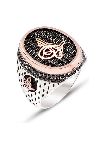 Gümüş Zirkon Taşlı Üstü ve Kenarları Osmanlı Tuğralı Işlemeli Yüzük