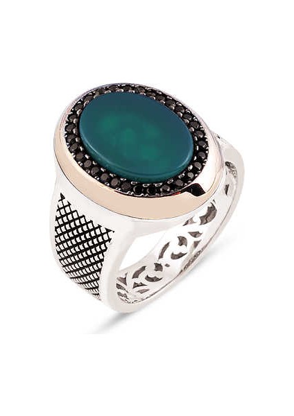 Gümüş Yeşil Akik Taşlı Çevresi Zirkon Süslemeli Erkek Yüzük