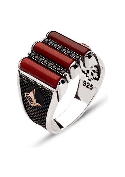 Gümüş Üç Parça Akik Taşlı Kenarları Tuğralı Yüzük