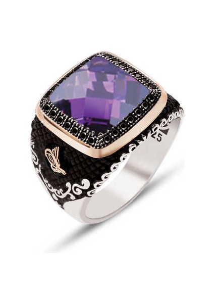 Gümüş Üstü Ametist Faset Taşlı Kenarları Oniks Taş İşlemeli ve Yanları Osmanlı Tuğralı Motifli Yüzük