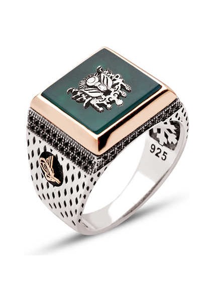 Gümüş Yeşil Akik Taşlı Üzeri Osmanlı Armalı Erkek Yüzük