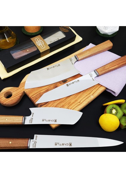 Castle Kitchen Elite Serisi 4'lü Mutfak Bıçak Seti Şef Bıçağı ( Kiritsuke - Santakubig- Fleto Suşi -Santakusmall )