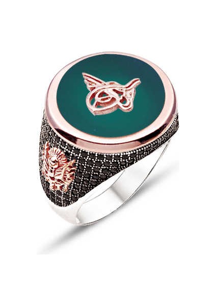 Gümüş Yeşil Akik Taşlı Üzeri Tuğralı Yanları Siyah Zirkon Taşla Süslenmiş Erkek Yüzük