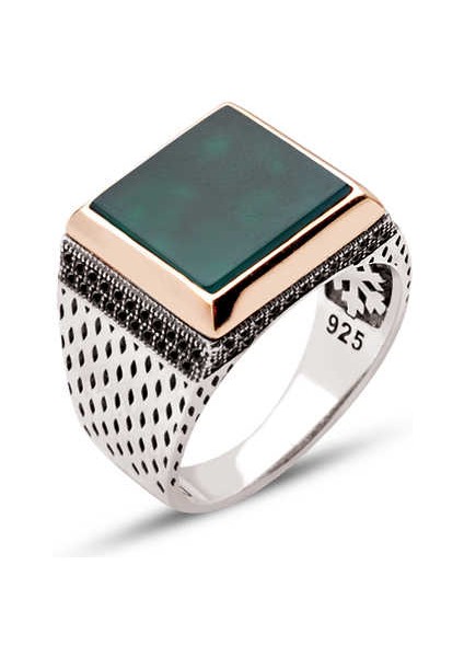 Gümüş Yeşil Akik Taşlı Yanları Zirkon Süslemeli Kare Model Yüzük