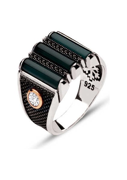 Gümüş Üç Parça Yeşil Akik Taşlı Kenarları Tek Taşlı Yüzük