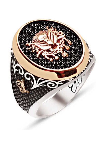 Gümüş Siyah Zirkon Üzeri Osmanlı Devlet Arması Yanları Tuğra Işlemeli Erkek Yüzük