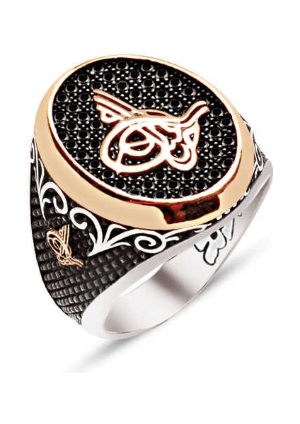 Gümüş Siyah Zirkon Üzeri Osmanlı Tuğrası Yanları Tuğra Işlemeli Erkek Yüzük