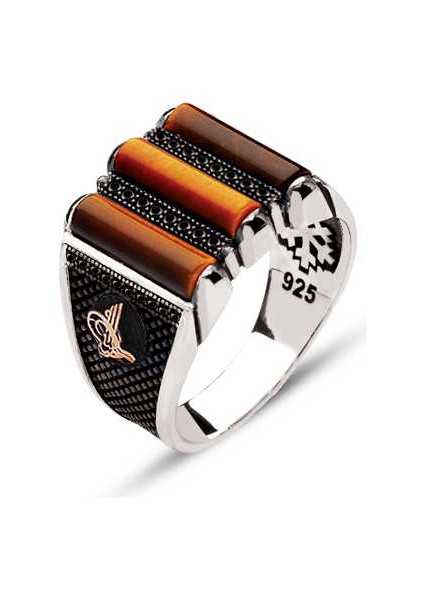 Gümüş Üç Parça Kaplan Gözü Taşlı Kenarları Tuğralı Yüzük