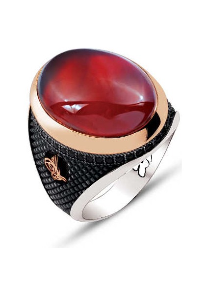 Gümüş Üstü Akik Kapşon Taşlı ve Kenarları Osmanlı Tuğralı İşlemeli Yüzük