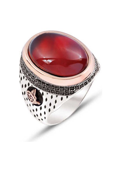 Gümüş Üstü Akik Kapşon Taşlı Yanları Oniks Taş İşlemeli ve Osmanlı Tuğralı Motifli Yüzük