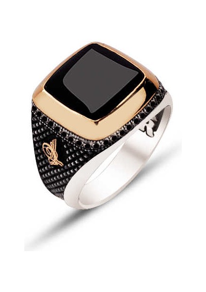 Gümüş Üstü Oniks Taşlı ve Kenarları Osmanlı Tuğralı İşlemeli Yüzük