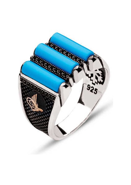 Gümüş Üç Parça Sıkma Turkuaz Taşlı Kenarları Tuğralı Yüzük