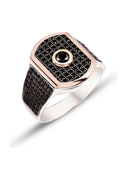 Gümüş Üstü ve Yanları Siyah Zirkon Taşlı Tek Taş Detaylı Erkek Yüzük