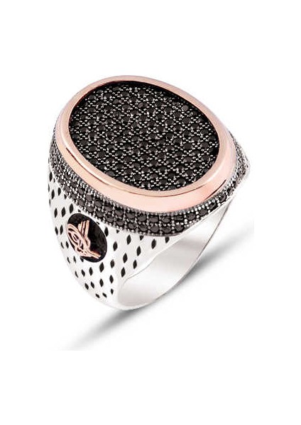 Gümüş Üstü Zirkon Taşlı Kenarları Osmanlı Tuğralı İşlemeli Yüzük