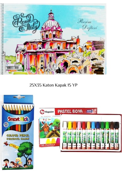 Smartkids Kırtasiye Boyama Seti Kuru Boya + Pastel Boya 12 Li Resim Defteri 25X35 15 Yp